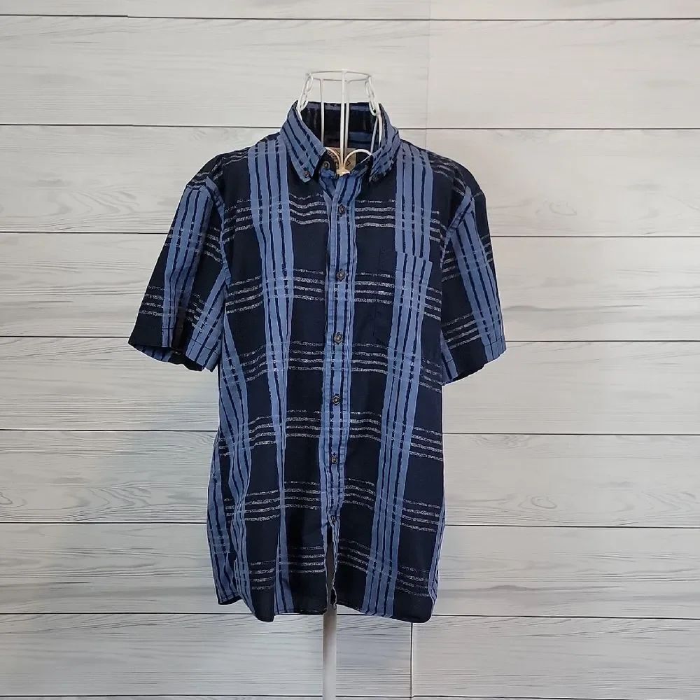 St. Jonh's Bay Blue Plaid Button-Down Shirt Short Sleeve Mens Size L